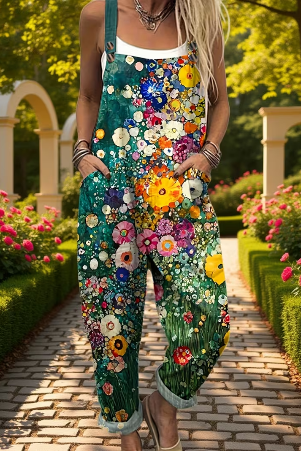 Women's floral suspender jumpsuit, relaxed fit. Perfect casual summer fashion and spring outfit for vacation wear.