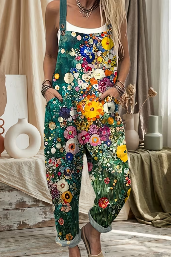Effortless women's floral suspender jumpsuit. A comfortable casual wear spring/summer outfit with stylish design.