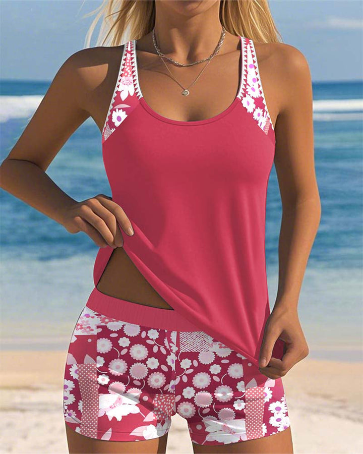 Women's floral tankini swimsuit set with matching swim shorts, perfect for beach vacations & poolside.