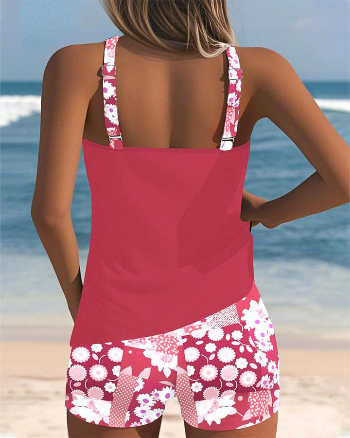 Vibrant floral print tankini top & swim shorts, ideal women's two-piece swimsuit for summer beachwear.