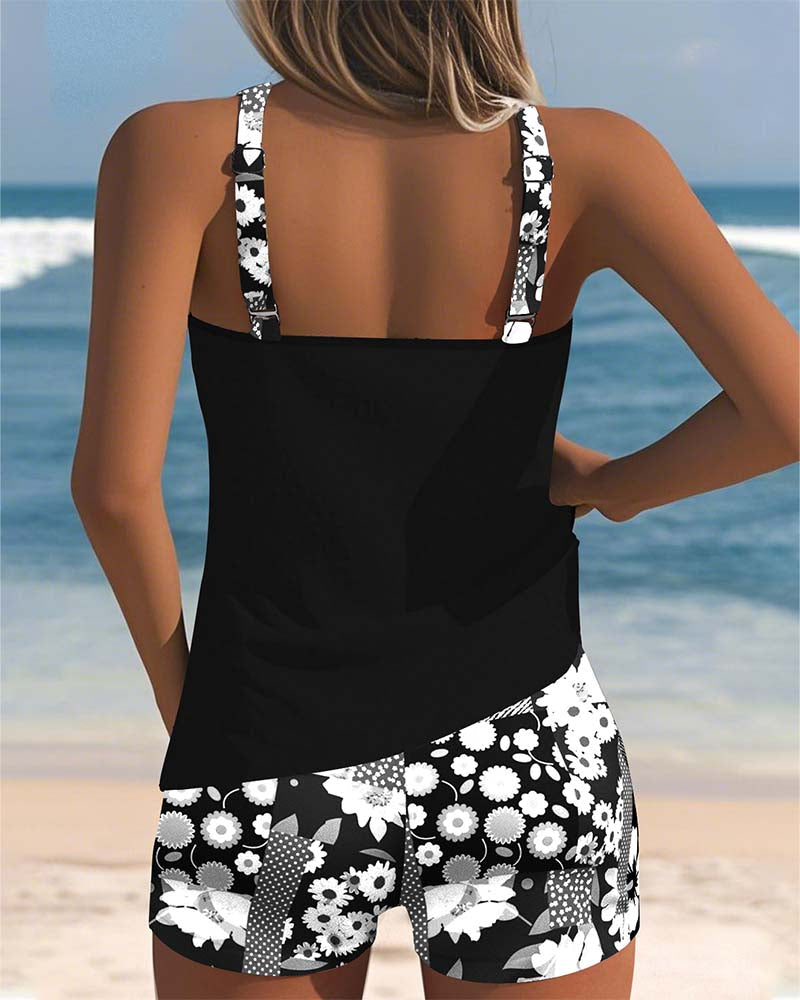 Side view: Women's floral tankini swimsuit with comfortable shorts, perfect for summer vacation.