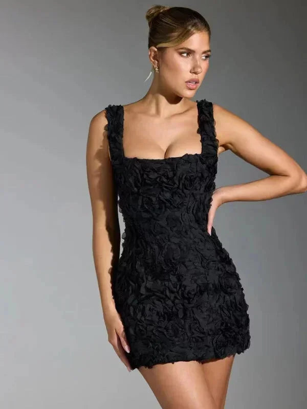 Versatile women's floral textured mini dress, suitable as a cocktail, party, or special occasion outfit.