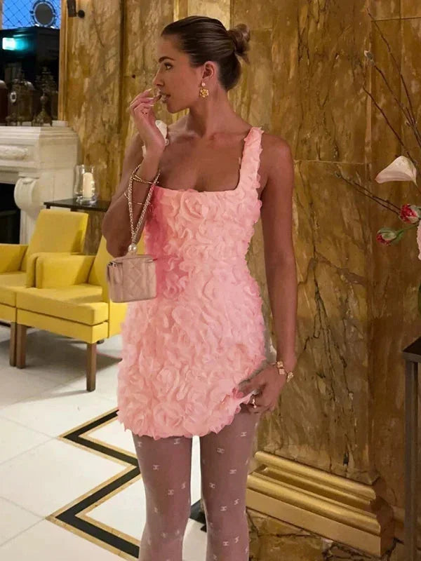 Sleeveless square neck floral textured mini dress for women, ideal as a cocktail or party dress.