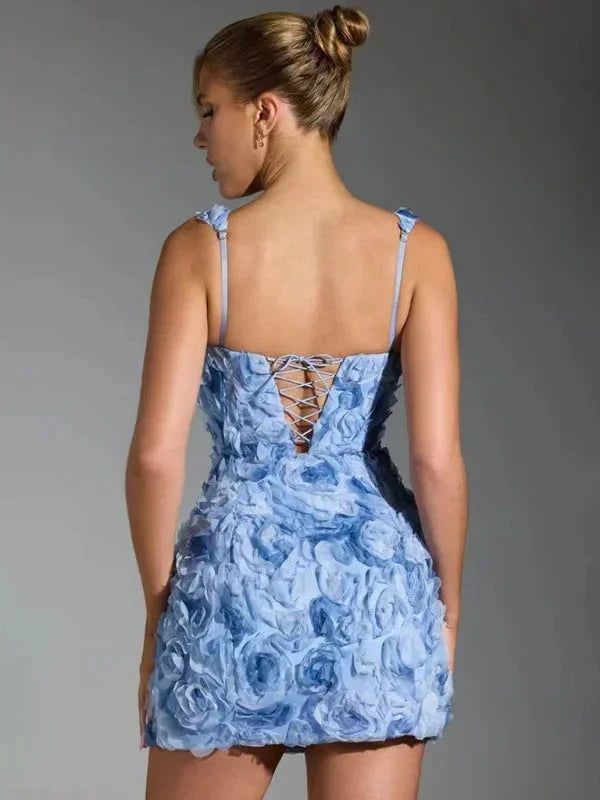 Women's square neck floral textured mini party dress, a stylish & elegant cocktail dress for events.