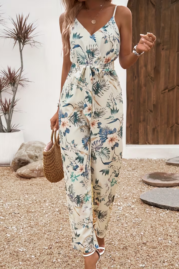 Women's floral tie waist cami jumpsuit for summer. Perfect casual wear vacation outfit, sleeveless v-neck design.