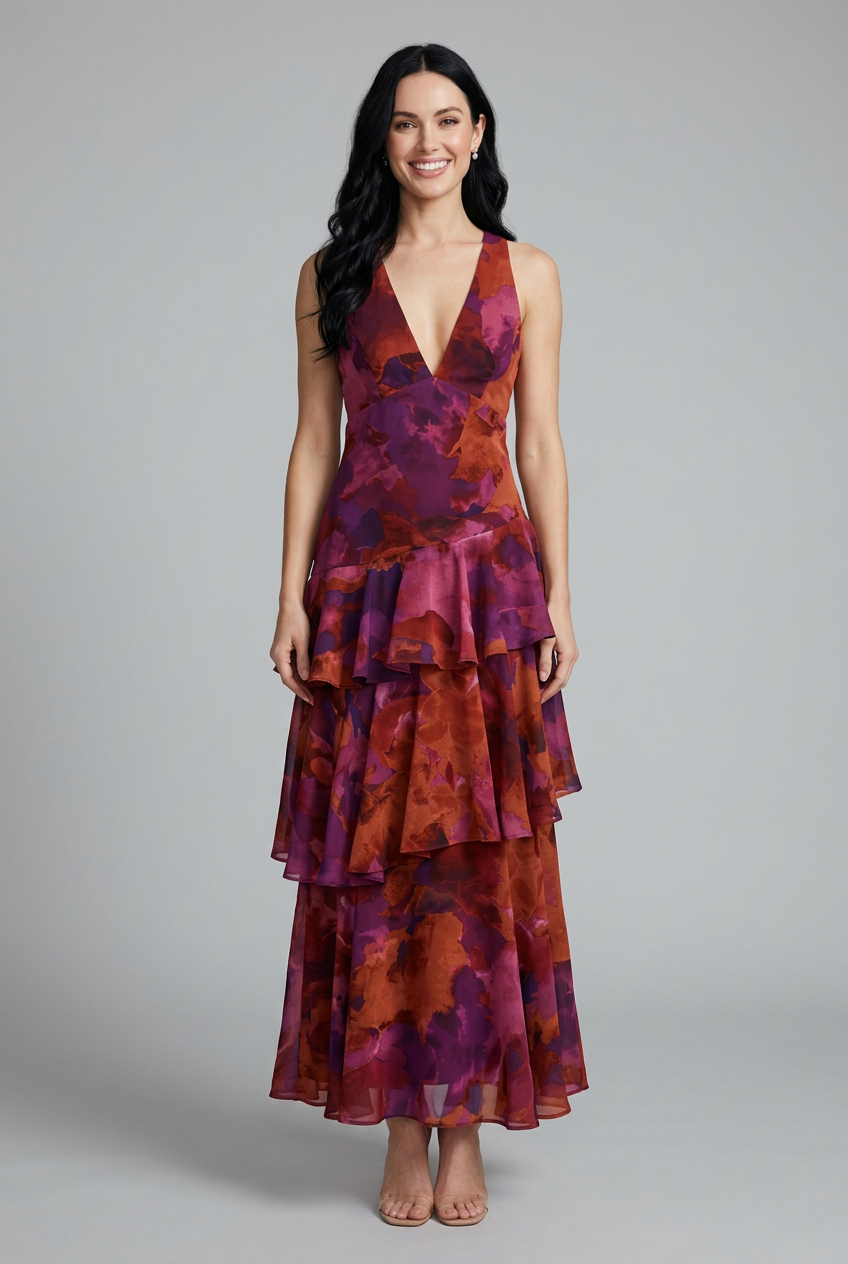 Women's floral tiered maxi dress with V-neck, perfect for summer casual or vacation outfits.