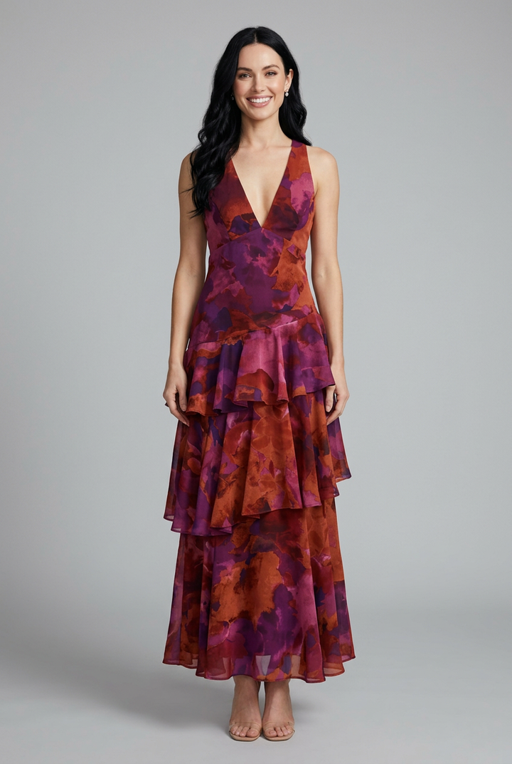 Women's floral tiered maxi dress with V-neck, perfect for summer casual or vacation outfits.