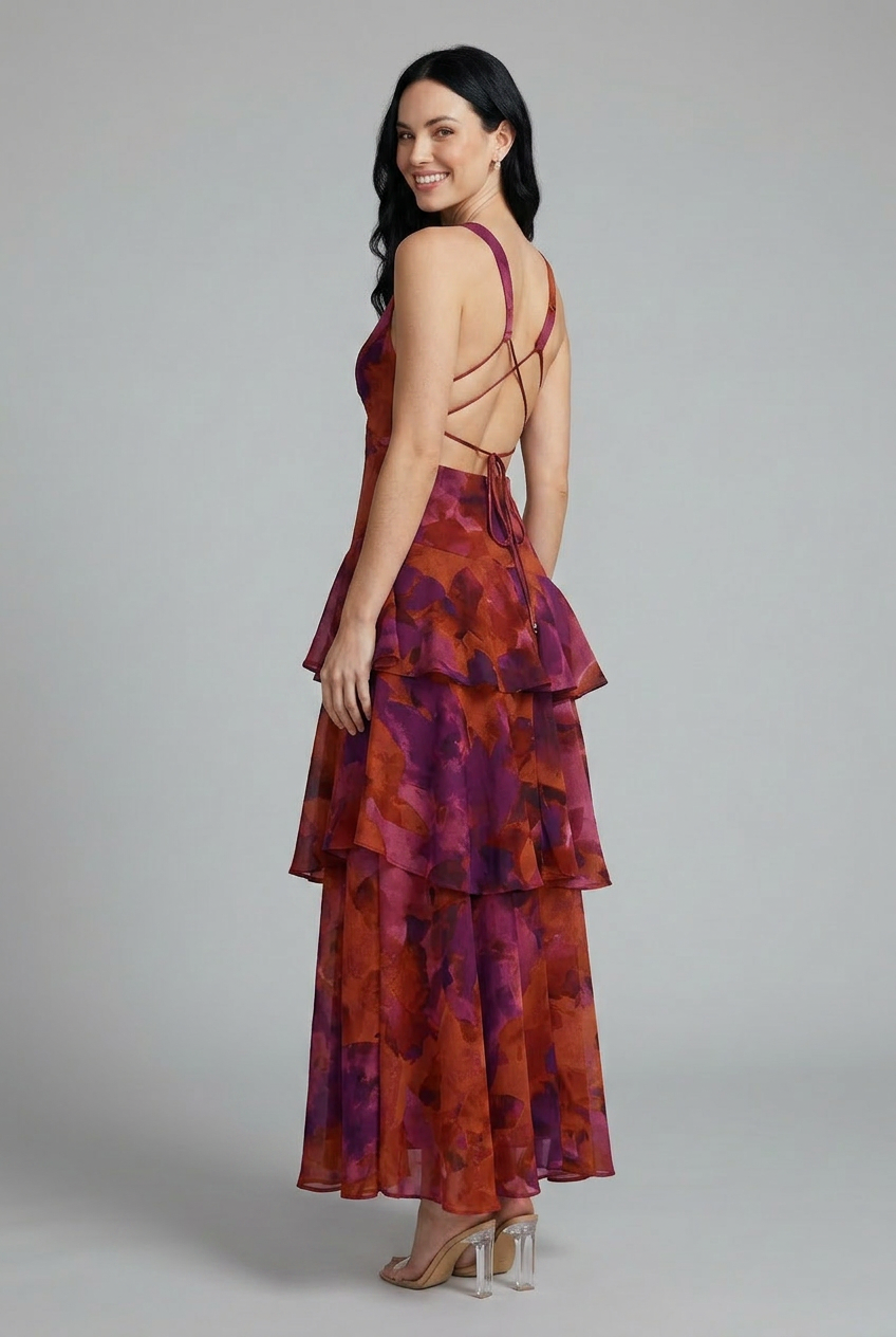 Elegant sleeveless V-neck floral maxi dress with flowy tiered design, ideal for spring & summer fashion.