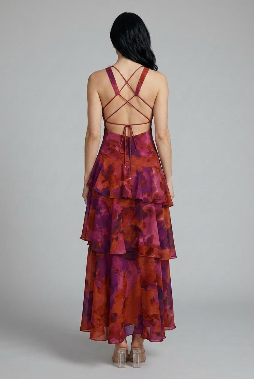Summer floral tiered maxi dress for women, sleeveless V-neck style, great for vacations & casual wear.