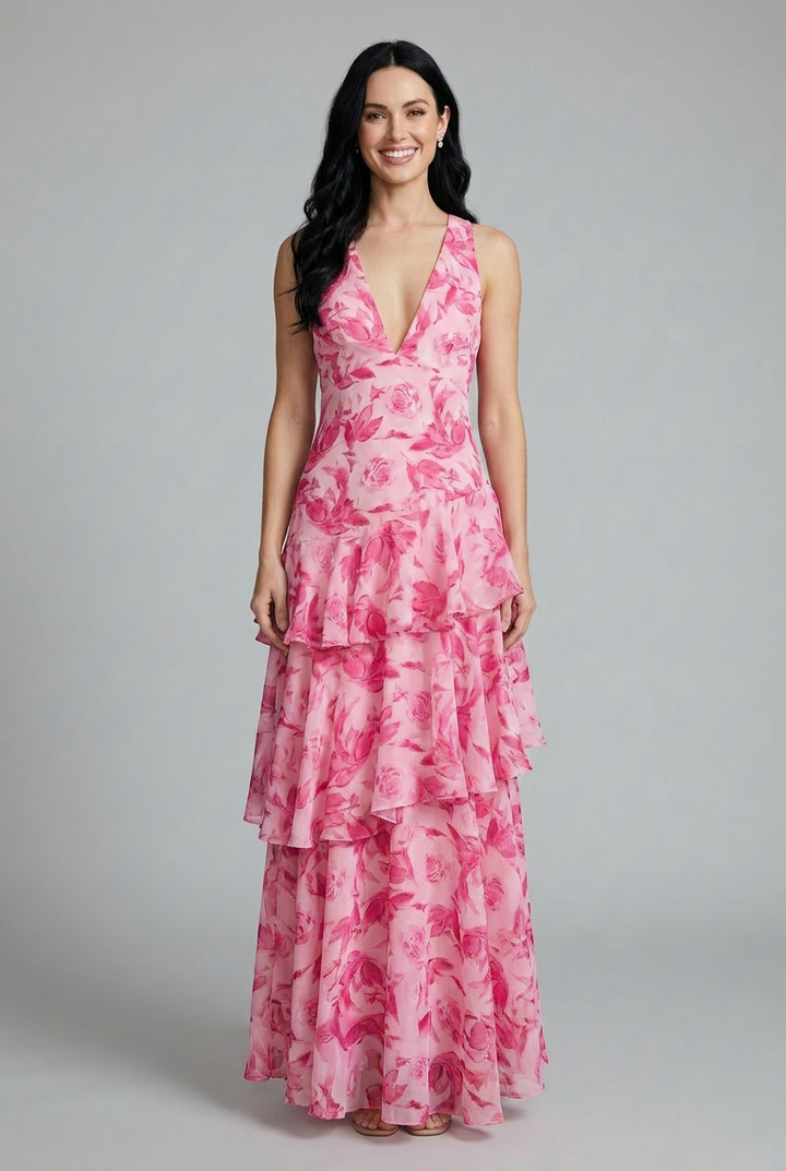 Women's flowy tiered maxi dress, sleeveless V-neck with vibrant floral print, perfect for spring/summer fashion.