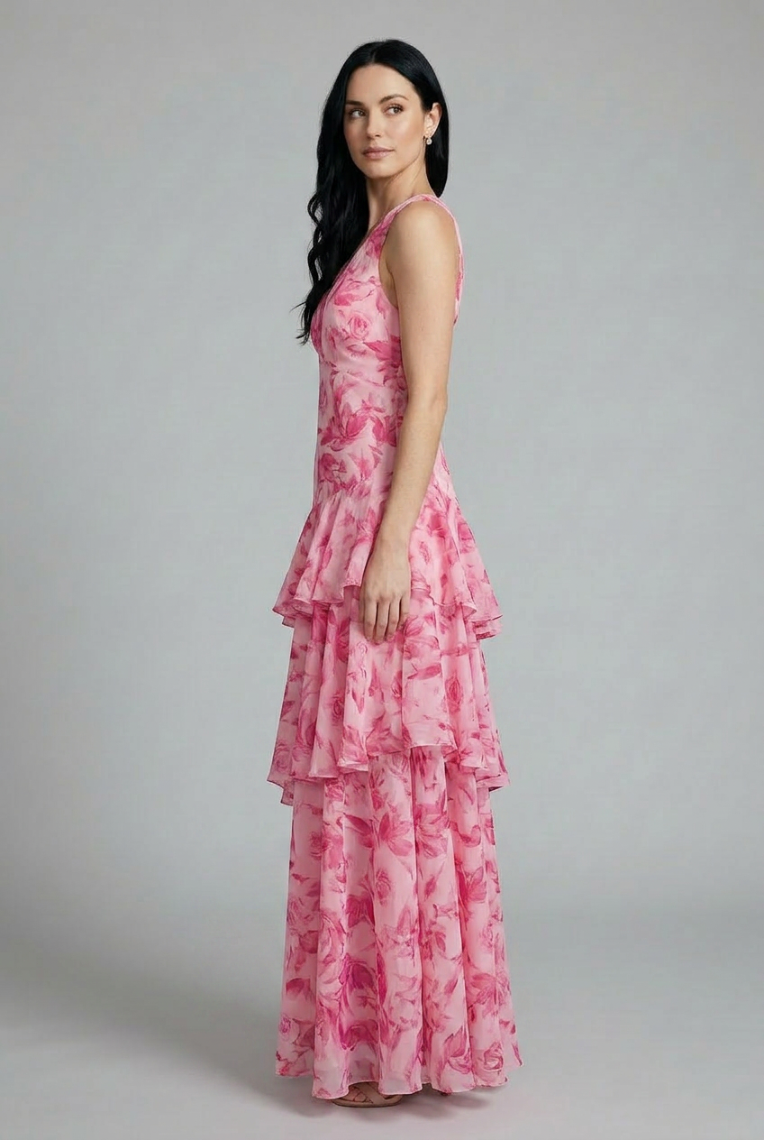 Casual chic sleeveless floral maxi dress for women, featuring a tiered skirt and flattering V-neckline.