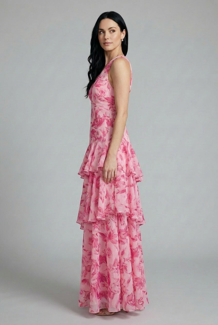 Casual chic sleeveless floral maxi dress for women, featuring a tiered skirt and flattering V-neckline.