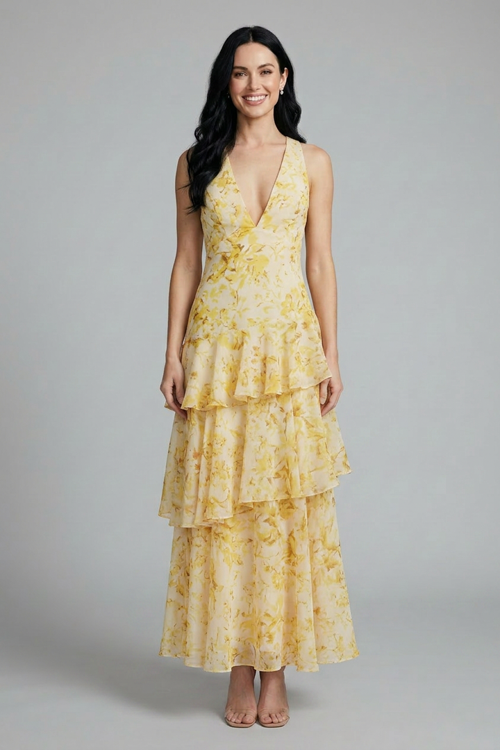 Light & airy tiered floral maxi dress for women, sleeveless V-neck design, perfect for warm summer days.