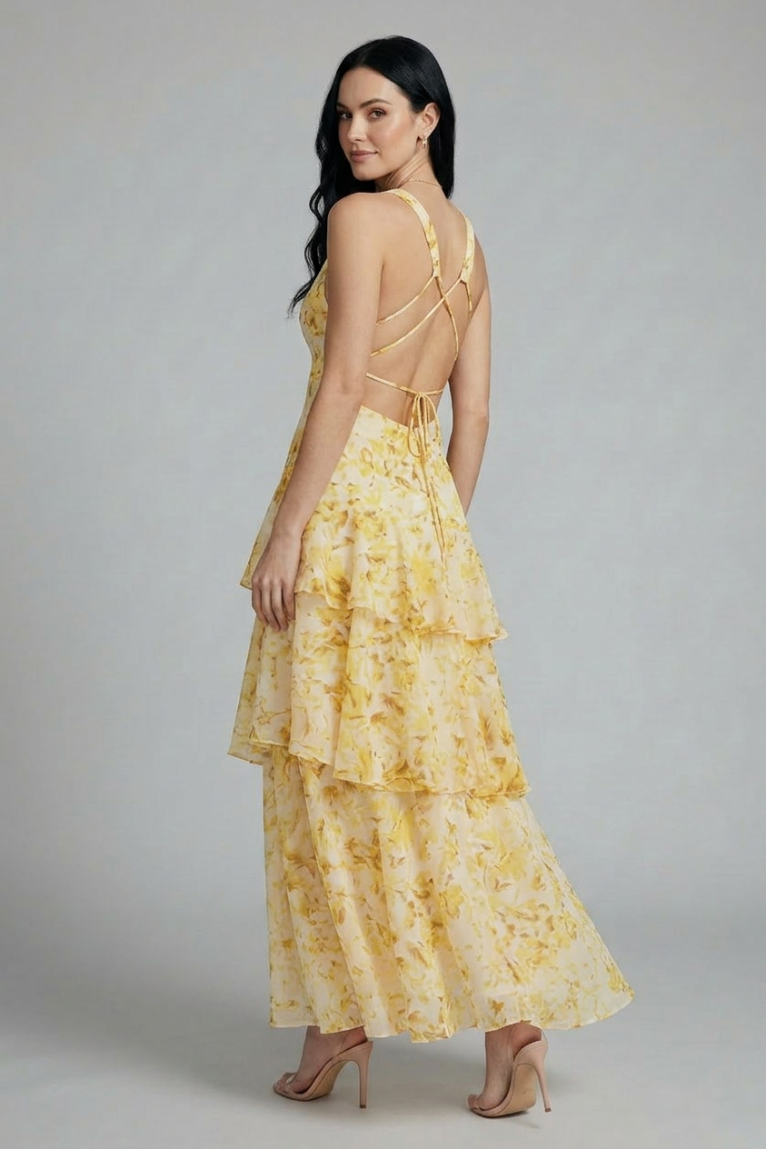 Beautiful women's floral print tiered maxi dress with a stylish sleeveless V-neck, for elegant summer events.