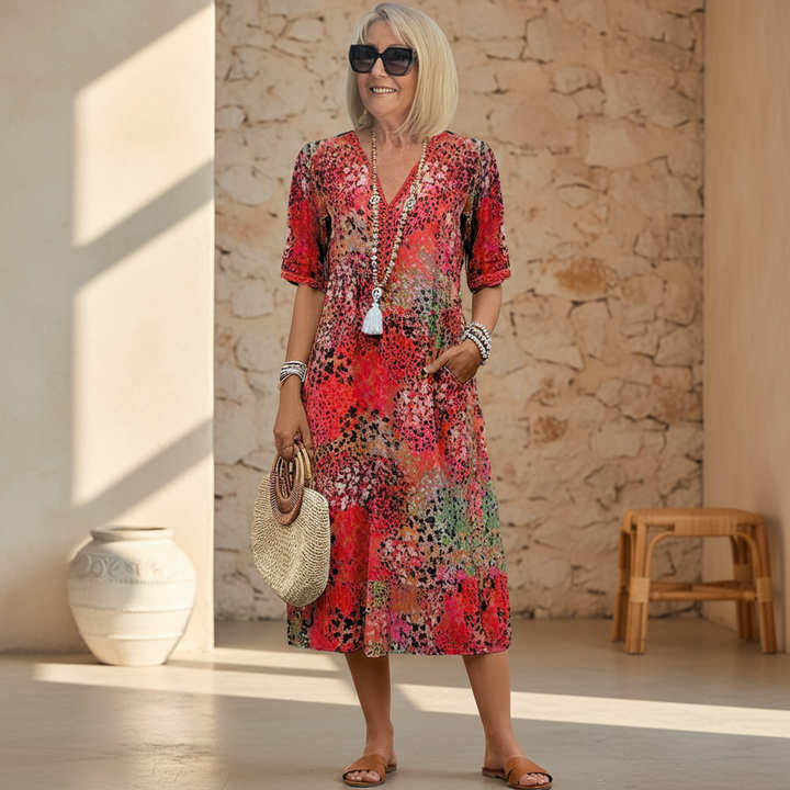 Versatile women's floral V-neck midi dress, a comfortable & stylish choice for casual and everyday wear.