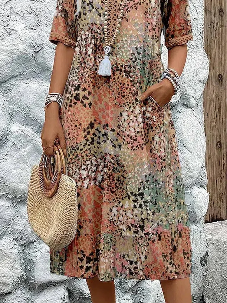 Fashionable women's V-neck floral midi dress, a comfortable & chic A-line design for any casual outing.
