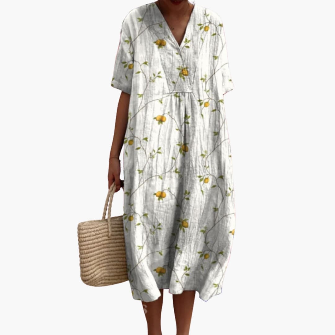 Modern floral V-neck midi dress, short sleeves, women's oversized fit, perfect for casual spring/summer.