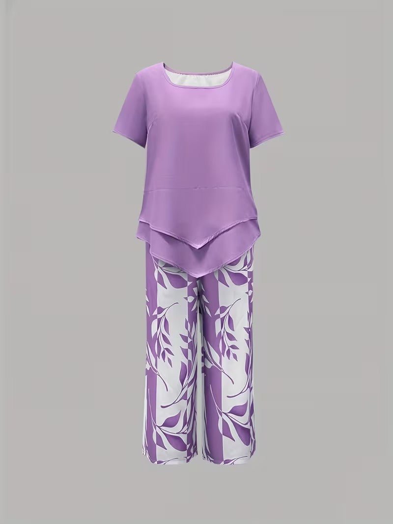 Chic women's floral wide leg 2-piece set. Casual summer outfit with V-neck top and comfortable pants.