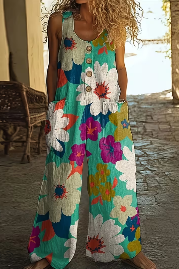 Comfortable women's floral wide leg jumpsuit with pockets, ideal for spring and summer everyday wear.