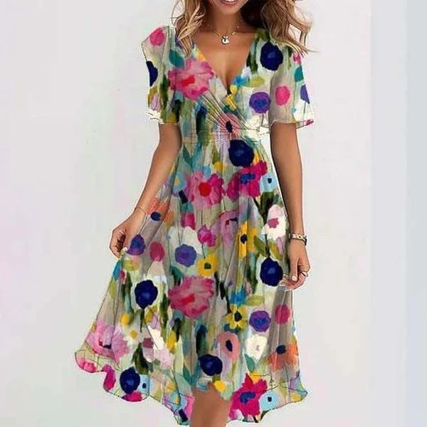 Effortless women's elegant midi dress in a floral wrap style. Versatile summer fashion with graceful flutter sleeves.