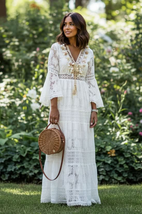 Women's flowing boho V-neck maxi dress in white, perfect for elegant summer style or a beach vacation outfit.