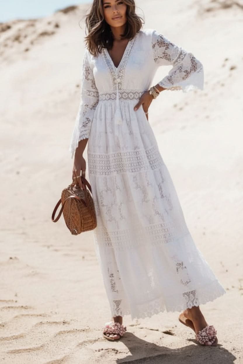 Flowy beige boho V-neck maxi dress for women, ideal for casual summer days, evenings, or a stylish vacation outfit.