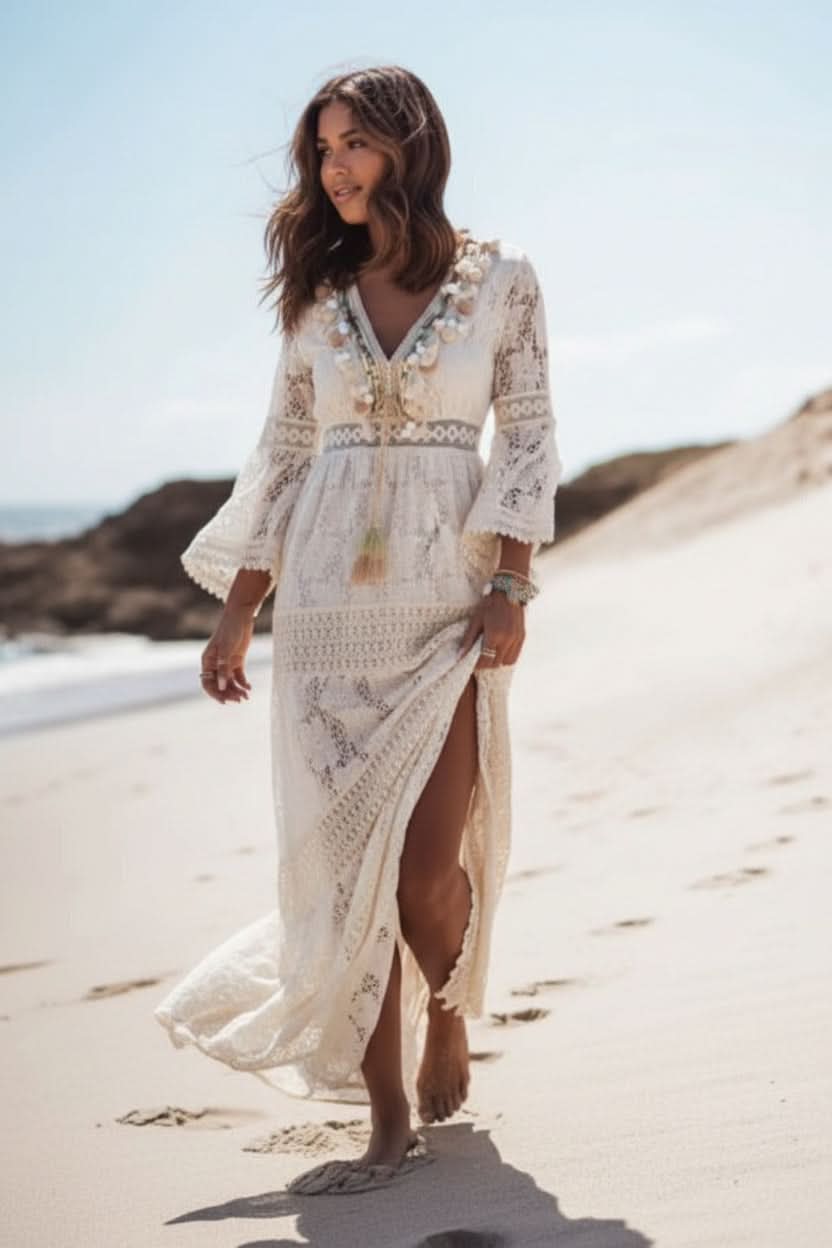 Elegant women's V-neck maxi dress with a flowing boho design, suitable for summer, beach, or a stylish evening.