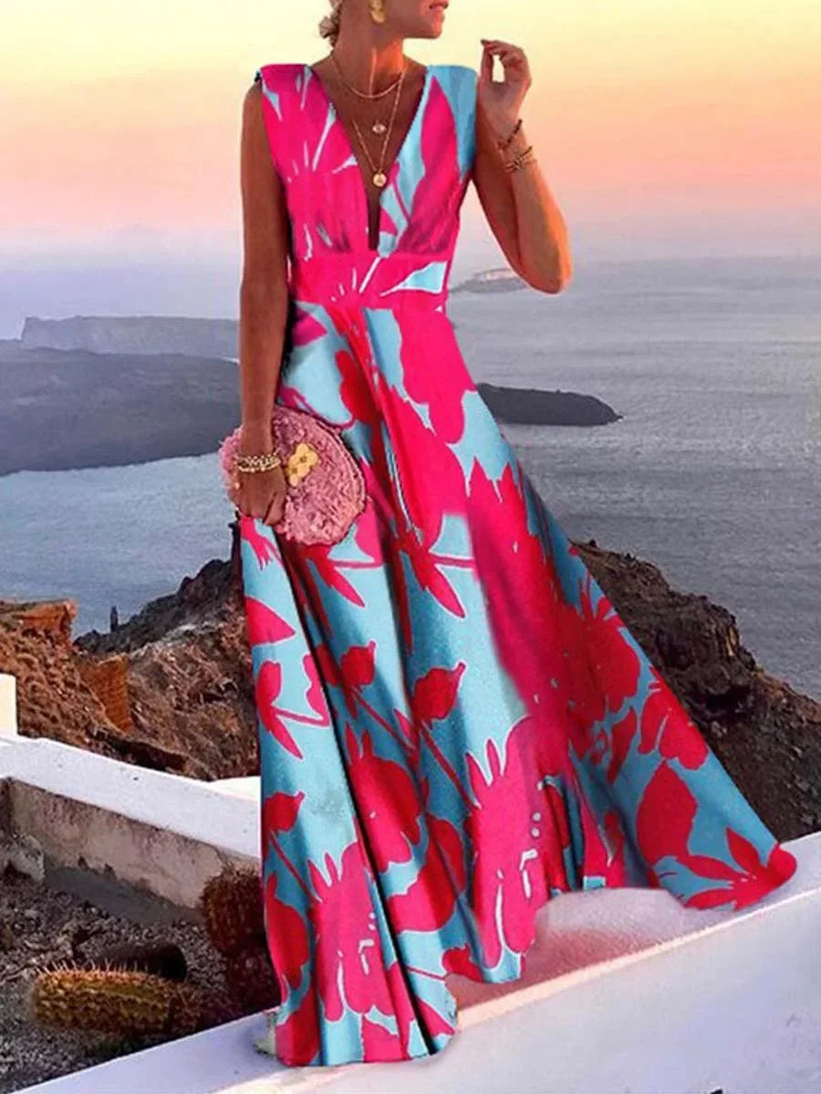 Stylish women's sleeveless maxi dress for summer. Deep V-neck design, flowy for comfortable vacation or party wear.