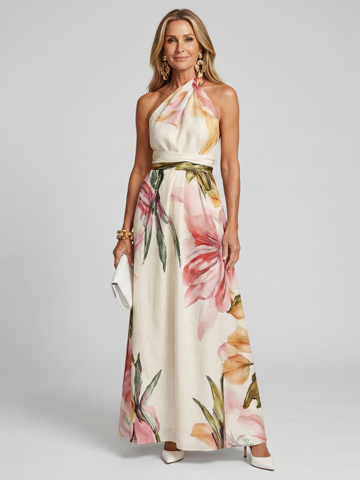 Women's flowing halter maxi dress for elegant comfort. Perfect for summer parties or casual chic outings.