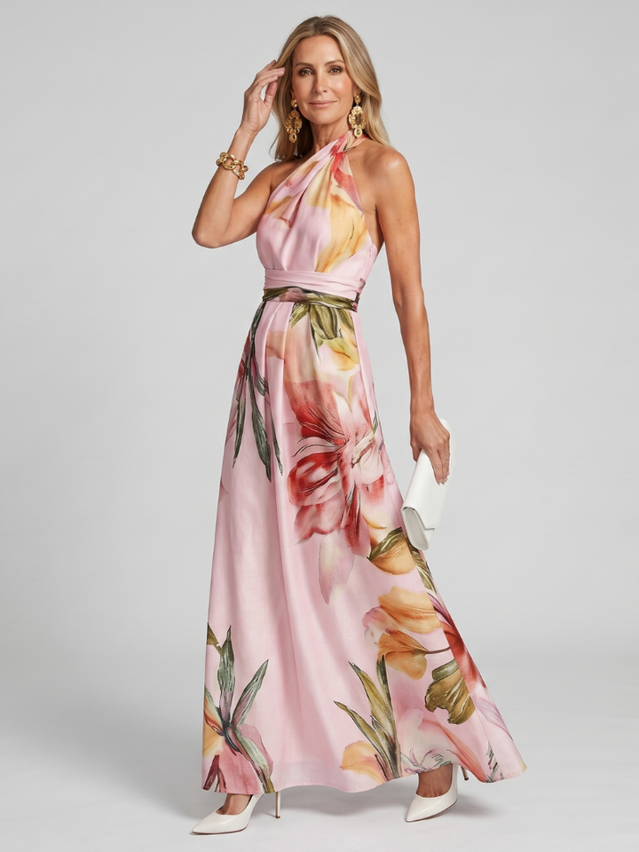 Flowing skirt halter maxi dress for women. Comfortable, elegant, and perfect for summer parties or casual days.