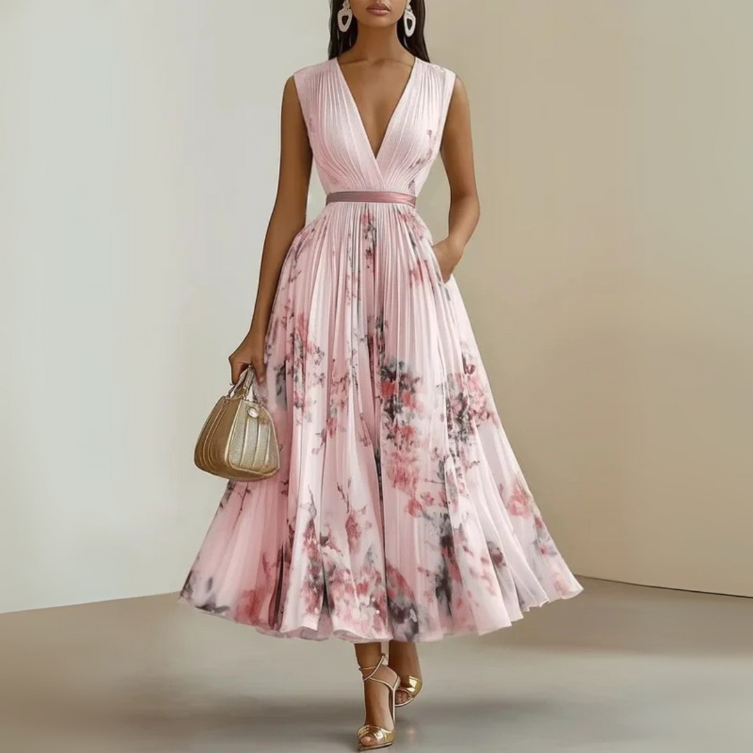 Elegant v-neck maxi dress for women, flowy design, ideal for summer evenings or vacation fashion.