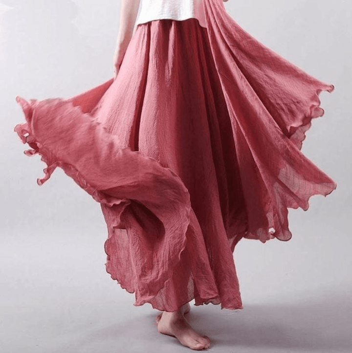 Soft, flowy A-line maxi skirt for women, offering an elegant bohemian look for beach and summer outings.