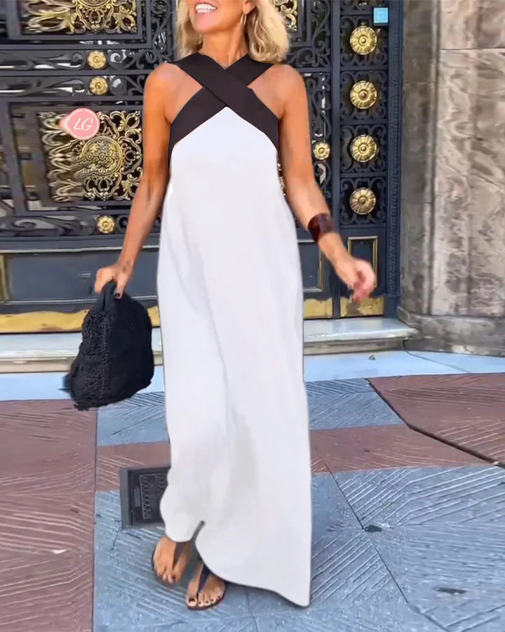 Sophisticated women's flowy cross neck maxi dress, great for special evenings.