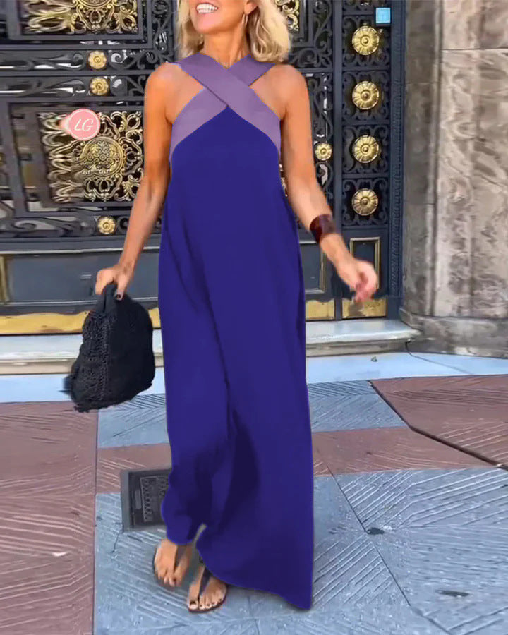 Chic women's cross neck evening maxi dress, elegant and long.