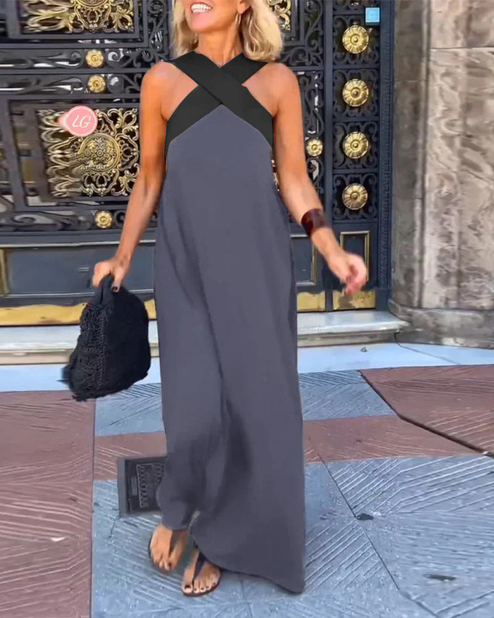 Casual flowy cross neck long dress for women, comfortable for daytime.