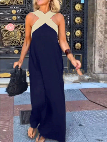 Soft, elegant women's flowy maxi dress with a flattering cross neck.
