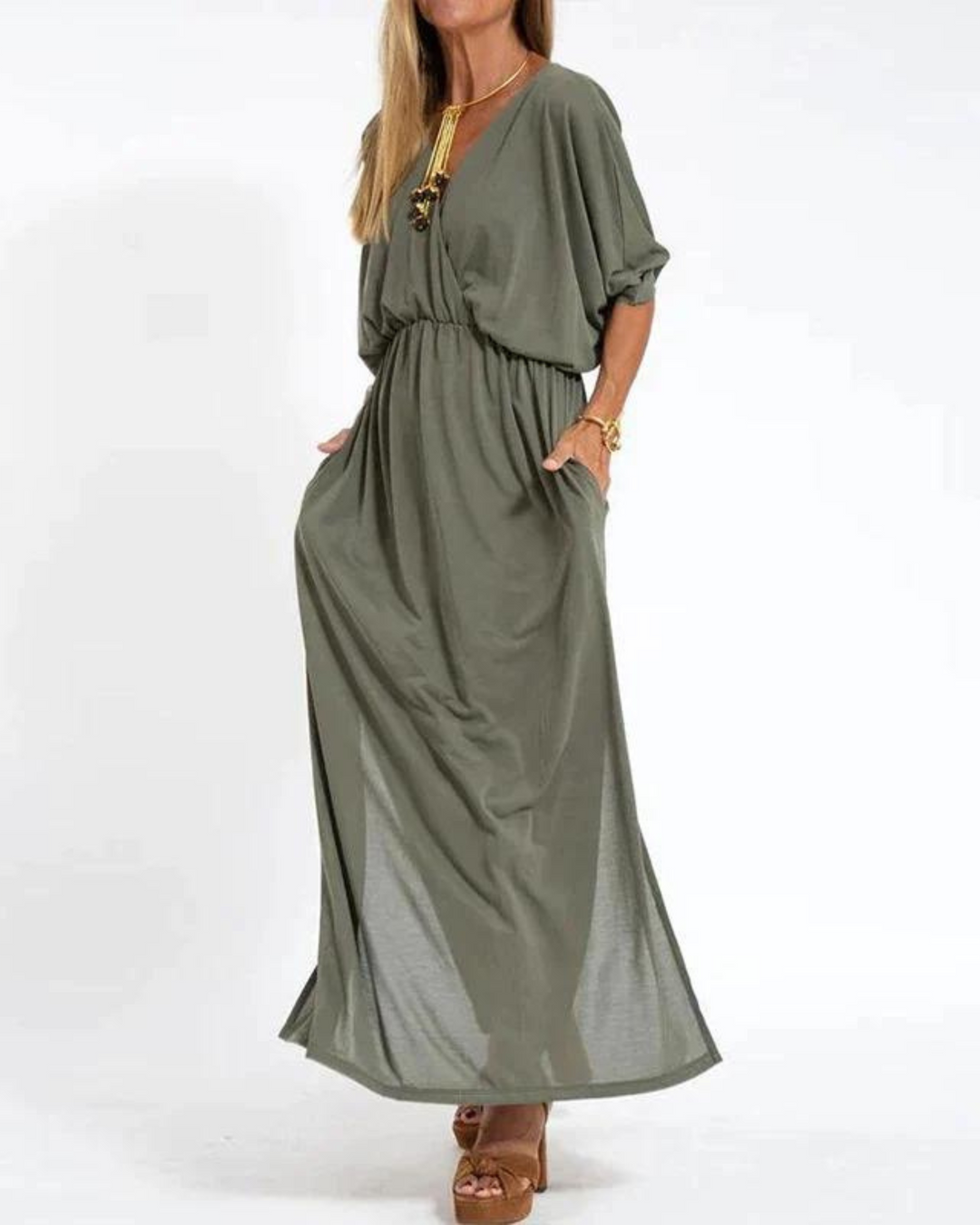 Women's flowy long midi dress with adjustable spaghetti straps, perfect for summer casual elegance.