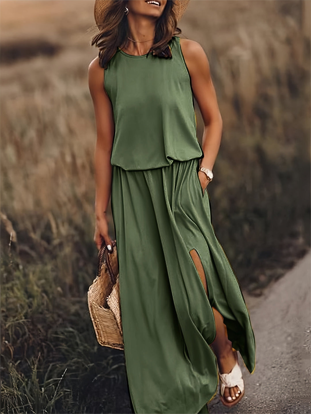 Chic women's pocket maxi dress with elastic waist, a must-have for summer vacation style.