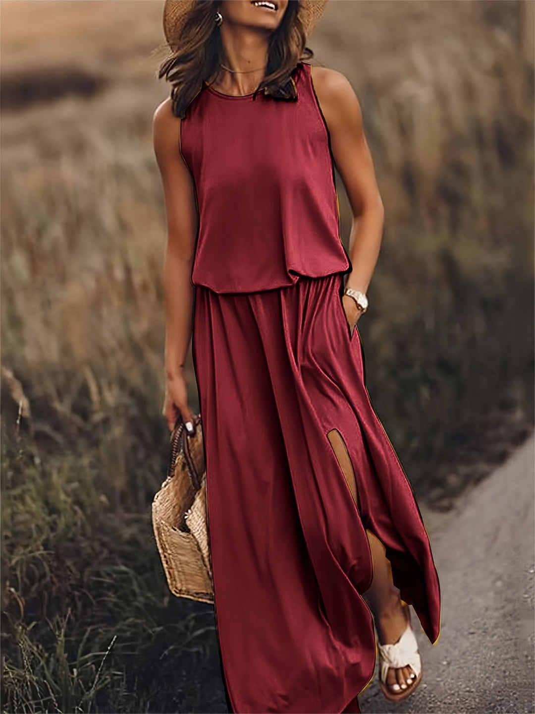 Lightweight, comfortable women's flowy dress, perfect sleeveless maxi for summer & casual wear.