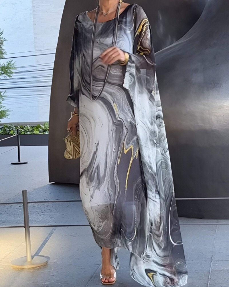 Gray women's midi dress, designed with a flowy fit & tummy coverage. Ideal for casual or elegant occasions.