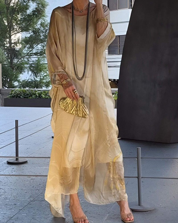 Comfortable women's flowy midi dress. Tummy coverage & versatile style for everyday or elegant wear.