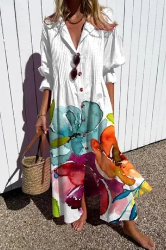 Women's flowy maxi dress, offering effortless style & comfortable relaxed fit for spring & summer fashion.