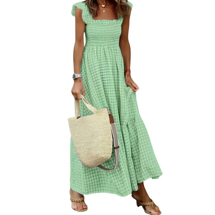 Women's versatile flowy tiered maxi dress, available in pink & khaki, great for effortless elegant style.