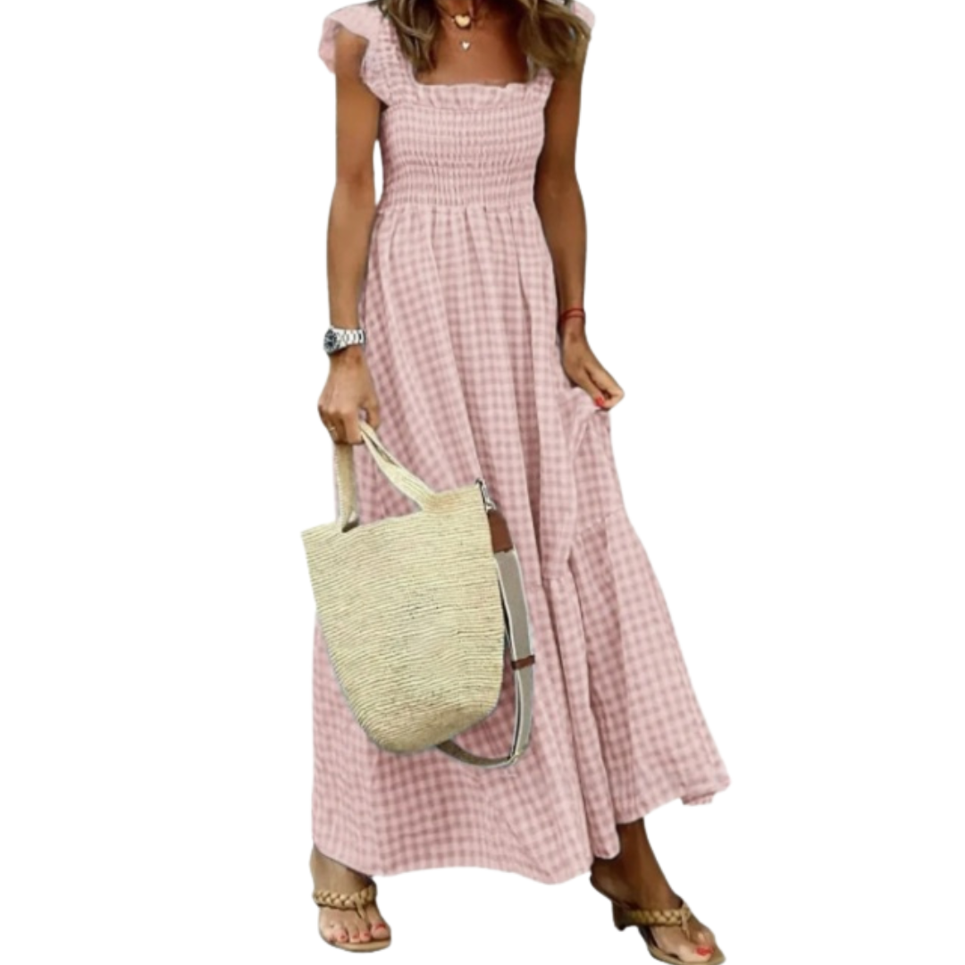 Comfortable smocked bodice & flowy tiered skirt on this women's maxi dress, perfect for casual elegant wear.