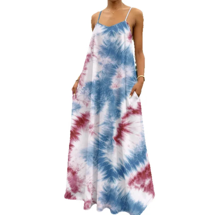 Lightweight, flowy tie-dye maxi dress with adjustable straps, ideal for comfortable all-day summer style.