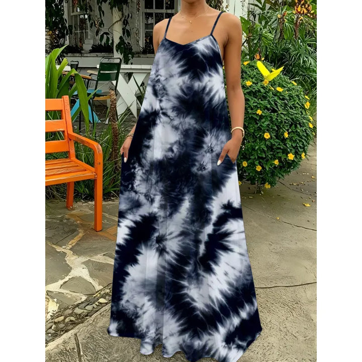 Boho tie-dye maxi dress for women, featuring a relaxed fit and delicate straps, great for beach or resort.
