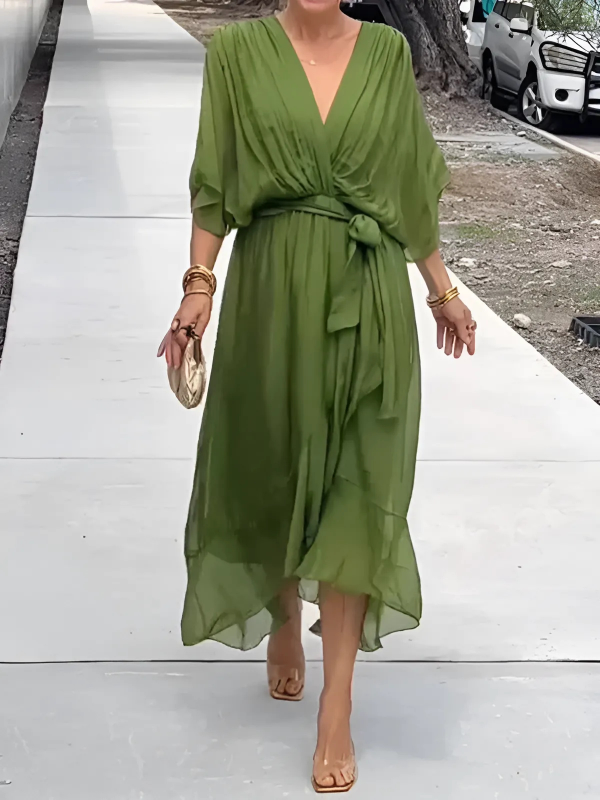 Women's flowy V-neck belted maxi dress, elegant for summer casual wear or vacation.