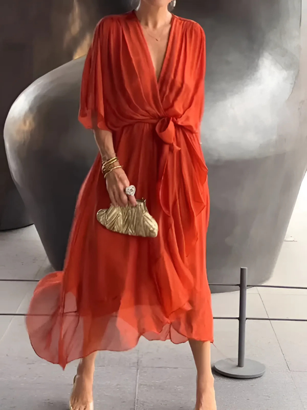 Lightweight, flowy women's V-neck belted maxi dress, comfortable for summer vacation & casual wear.