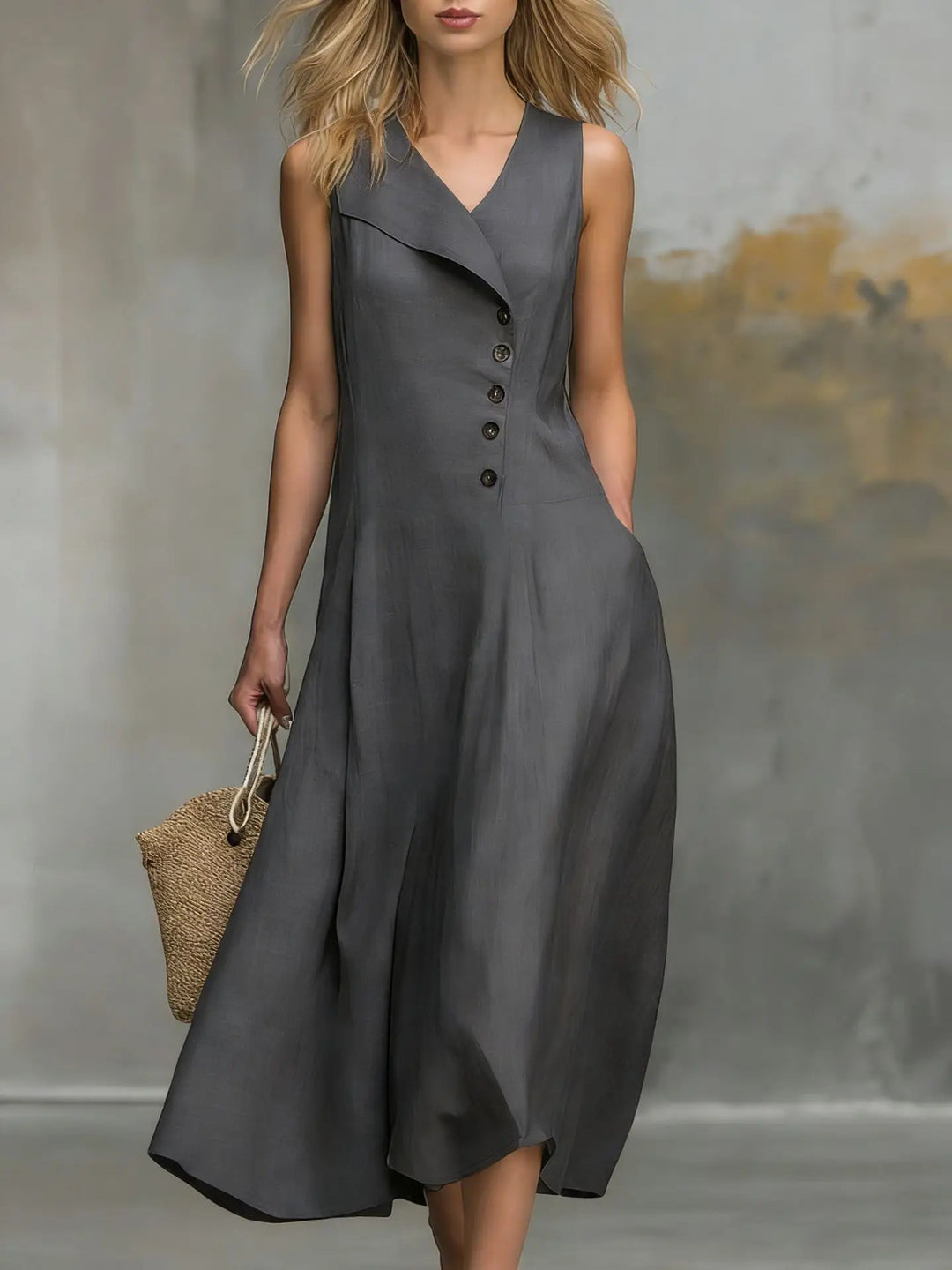 Sleeveless v-neck midi dress featuring elegant button detailing. Relaxed fit for women's casual style.