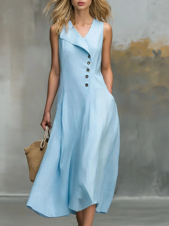Casual women's sleeveless v-neck flowy midi dress with button details, ideal for summer outings & everyday comfort.